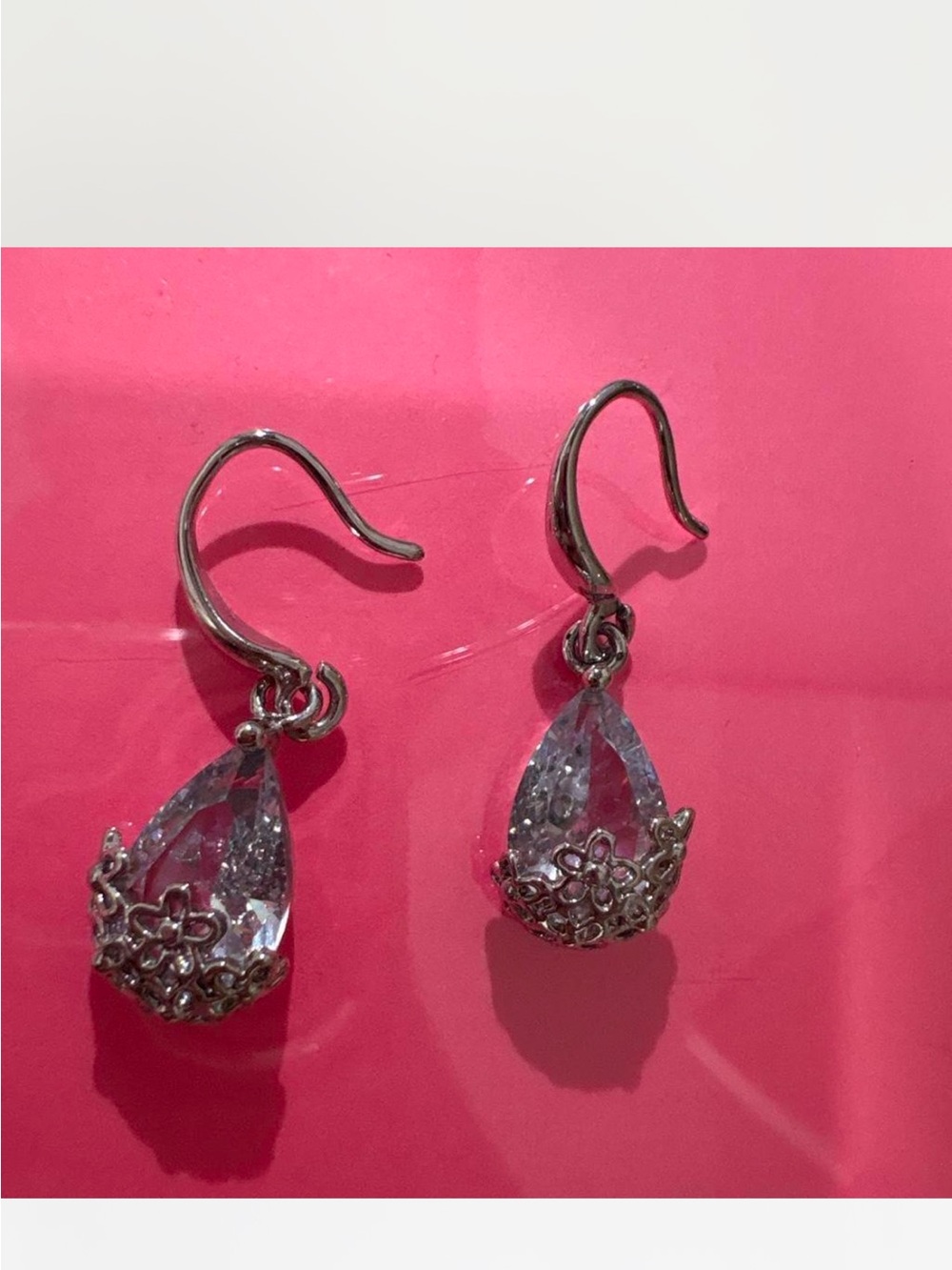 Silver Teardrop Crystal Flower Drop Earrings - Women Jewelry